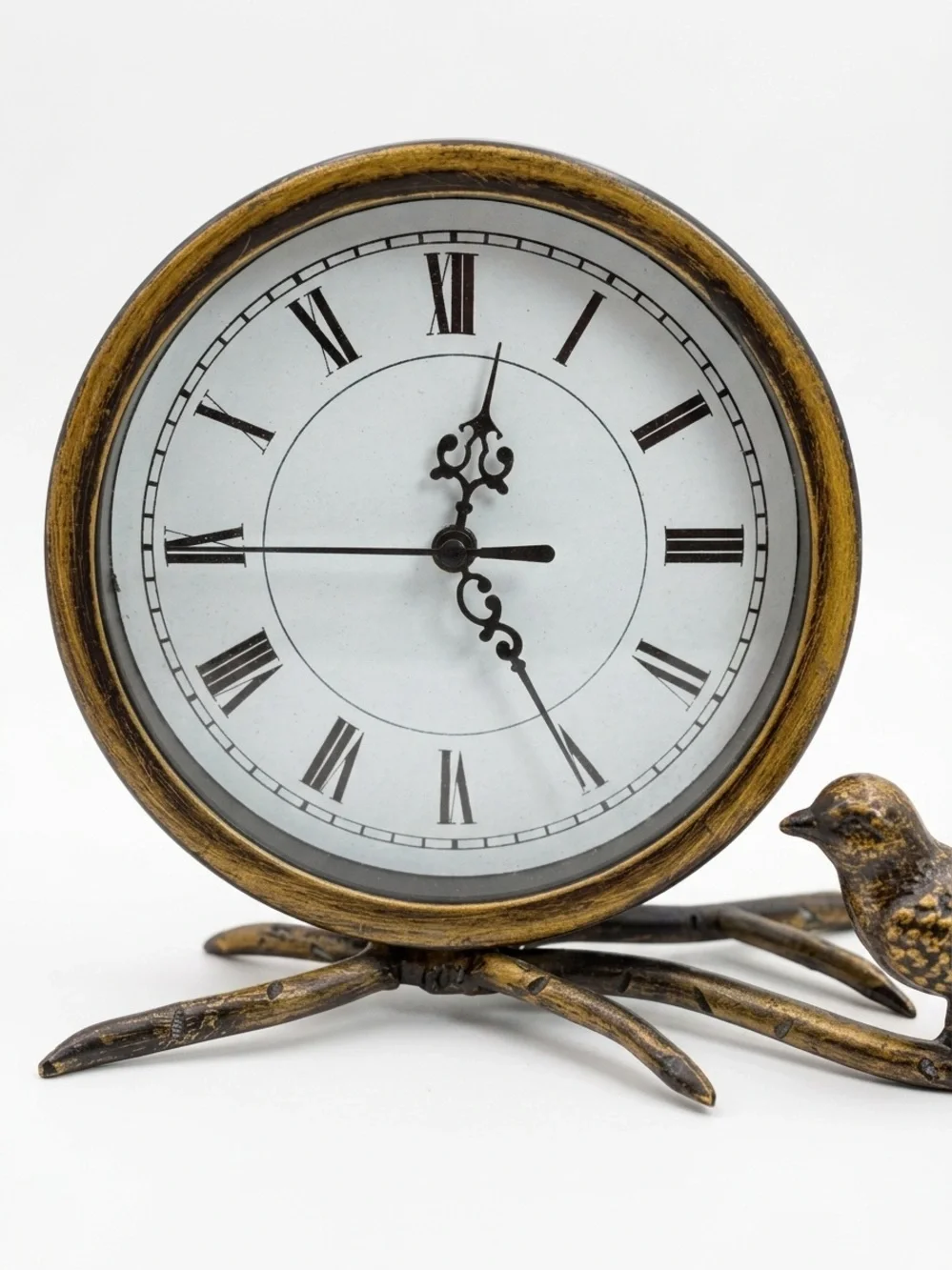 Rustic Bronze Finish Bird on Branch Analog Table Clock Decorative Home Decor